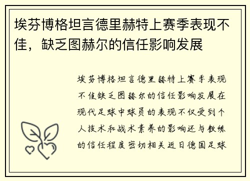 埃芬博格坦言德里赫特上赛季表现不佳，缺乏图赫尔的信任影响发展