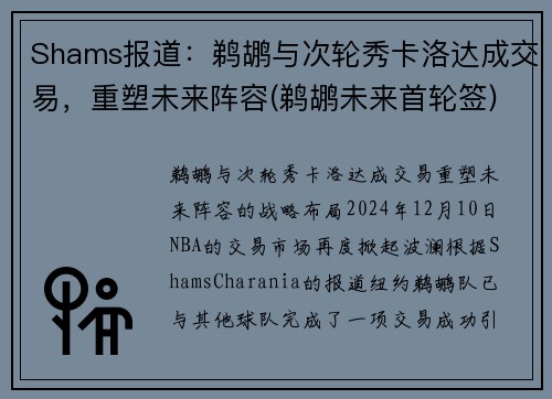 Shams报道：鹈鹕与次轮秀卡洛达成交易，重塑未来阵容(鹈鹕未来首轮签)