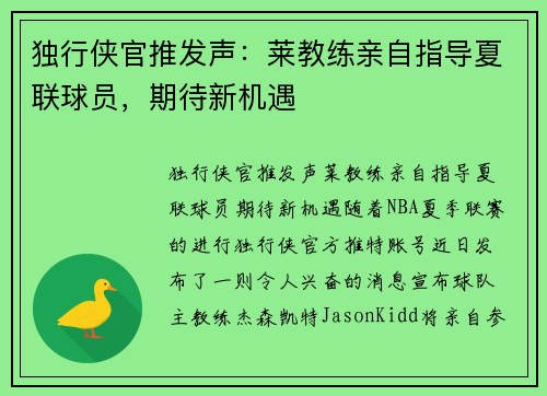 独行侠官推发声：莱教练亲自指导夏联球员，期待新机遇