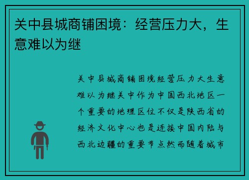 关中县城商铺困境：经营压力大，生意难以为继