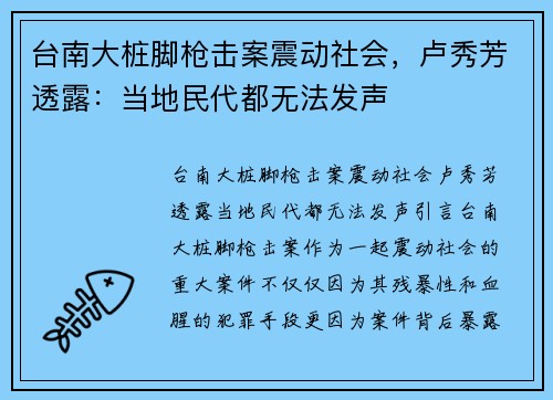 台南大桩脚枪击案震动社会，卢秀芳透露：当地民代都无法发声